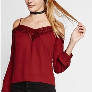 Maroon long sleeve lace trim cold shoulder top